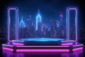 generatief ai, metaal verlichting neon podium cyberpunk onwerkelijk stad roze blauw neon lasers stadium Product Scherm achtergrond, 3d illustratie leeg Scherm toonzaal foto