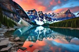 ai gegenereerd morene meer in banff nationaal park, alberta, Canada, genomen Bij de top van kleur gedurende de ochtend- zonsopkomst Bij morene meer in banff nationaal park, ai gegenereerd foto