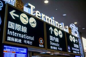 Osaka stad, jp, 2019 - teken en gids post voor toeristen in huiselijk terminal, kansai Internationale luchthaven, osaka, Japan. foto