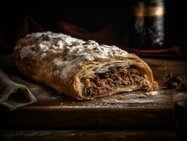 ai gegenereerd heerlijk traditioneel strudel Aan een houten bord, versierd met bessen. fotorealistisch illustratie. ai gegenereerd. foto