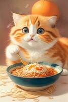 ai gegenereerd schattig rood kat aan het eten spaghetti in een blauw kom met oranje ballen foto