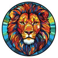 ai gegenereerd een visie van een leeuw gezicht in een cirkel van kleurrijk gebrandschilderd glas ontwerp foto