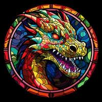 ai gegenereerd visie van een draak gezicht in een cirkel van kleurrijk gebrandschilderd glas ontwerp foto