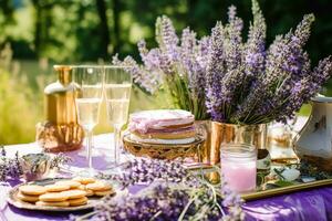 toetje buffet tafel, voedsel catering voor bruiloft, partij vakantie viering, lavendel decor, cakes en desserts in een land tuin, generatief ai foto