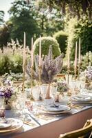 bruiloft tafellandschap, elegant formeel avondeten tafel instelling, tafel scape met lavendel decoratie voor vakantie partij evenement viering, generatief ai foto