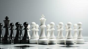 schaak stukken Aan schaakbord, concept voor leiderschap, teamwerk, vennootschap, bedrijf strategie, besluit en concurrentie., ai generatief foto