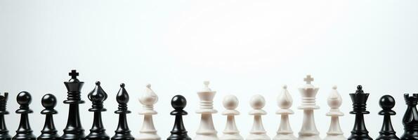 schaak stukken Aan schaakbord, concept voor leiderschap, teamwerk, vennootschap, bedrijf strategie, besluit en concurrentie., ai generatief foto