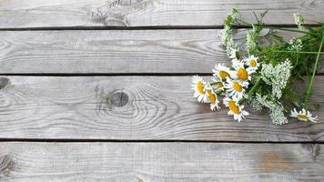 boeket madeliefjes. wilde bloemen kamille liggen op de veranda foto