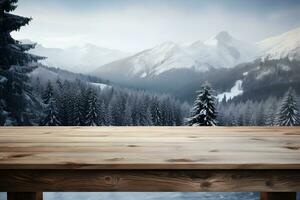 houten tafel met winter bergen, verbijsterend backdrop voor Scherm, ai gegenereerd foto
