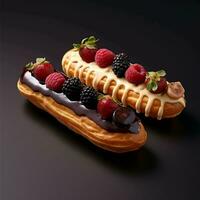 een eclairs met bessen en chocola room Aan top gegenereerd met ai foto