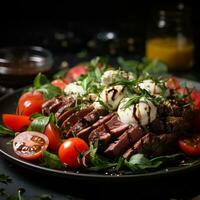 Italiaans caprese salade met gesneden tomaten, Mozzarella kaas, basilicum, olijf- olie. gebakken vlees steak Aan leisteen. menu voedsel macro foto. foto