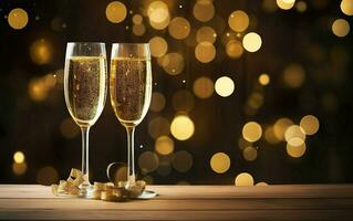 twee bril van Champagne voor nieuw jaren vooravond partij banier met kopiëren ruimte. ai generatief foto