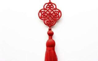Aziatisch symmetrisch ornament, een rood knoop met borstel rand geïsoleerd Aan wit achtergrond. symbool van mooi zo geluk. ai generatief foto