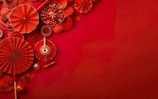 voorjaar festival poster. banier sjabloon met hangende lantaarns. Chinese nieuw jaar decoraties Aan helder rood achtergrond, kopiëren ruimte, plat leggen, top visie. ai generatief foto