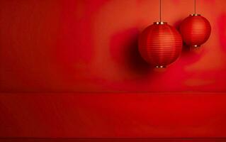 voorjaar festival poster. minimalistisch modern banier sjabloon met hangende lantaarns. Chinese nieuw jaar decoraties Aan helder rood achtergrond, kopiëren ruimte. ai generatief foto