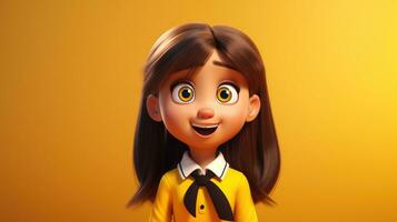 ai gegenereerd schattig weinig meisje in school- uniform met geel achtergrond, terug naar school- concept foto