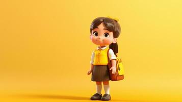 ai gegenereerd schattig weinig meisje in school- uniform met geel achtergrond, terug naar school- concept foto