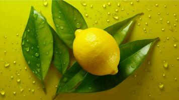 citroenen zijn spatten in water Aan een geel achtergrond gegenereerd met ai foto