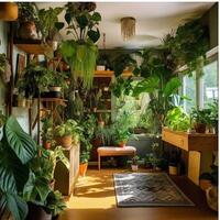interieur van modern leven kamer met groen planten in potten gegenereerd met ai foto