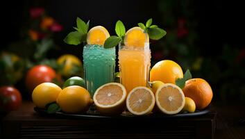 kleurrijk cocktails met citrus garneer Aan houten tafel. ai gegenereerd. foto