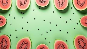 plakjes van watermeloen met zaden Aan groen achtergrond. ai gegenereerd. foto