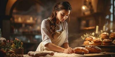 jong vrouw in schort kneden deeg in bakkerij. ai gegenereerd. foto