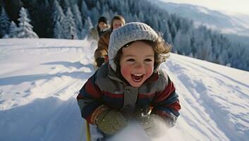 kinderen rodelen in besneeuwd bergen. ai gegenereerd. foto