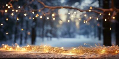 Kerstmis lichten Aan een houten tafel in de winter Woud. ai gegenereerd. foto