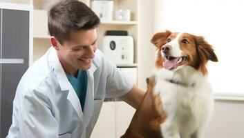 dierenarts en hond in dierenarts kliniek. Gezondheid zorg en medisch concept. ai gegenereerd. foto