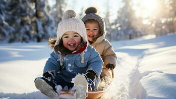 kinderen rodelen in de sneeuw. ai gegenereerd. foto