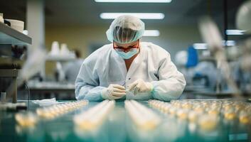 portret van een vrouw onderzoeker draag- uit wetenschappelijk Onderzoek in een laboratorium. ai gegenereerd. foto