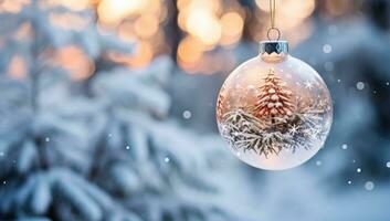 Kerstmis bal met Spar boom Afdeling en bokeh lichten in winter Woud. ai gegenereerd. foto