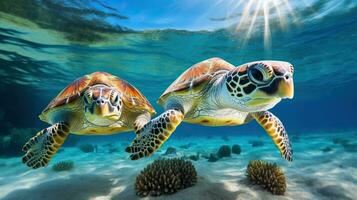 twee zee schildpadden zwemmen in koraal rif oceaan. ai gegenereerd. foto