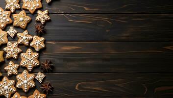 Kerstmis peperkoek koekjes Aan houten achtergrond. top visie met kopiëren ruimte. ai gegenereerd. foto