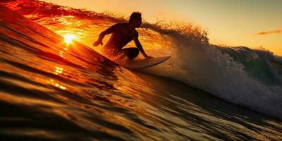 surfer rijden Golf Bij zonsondergang. ai gegenereerd. foto