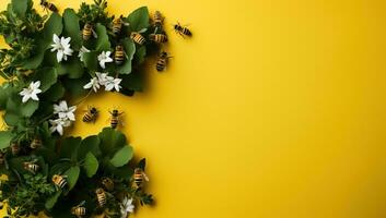 honing bijen en kiwi bloemen Aan een geel achtergrond. ai gegenereerd. foto