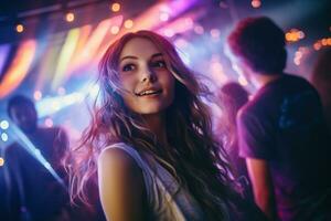 portret van jong mooi vrouw dansen in nacht club met lichten. ai gegenereerd foto