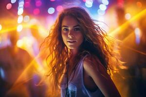 portret van jong mooi vrouw dansen in nacht club met lichten. ai gegenereerd foto