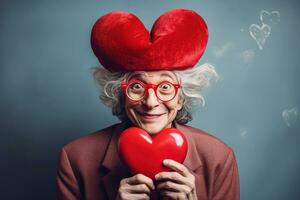 portret van een gelukkig vrouw met rood hart.valentijnsdag dag concept ai gegenereerd foto