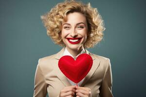 portret van een gelukkig vrouw met rood hart.valentijnsdag dag concept ai gegenereerd foto