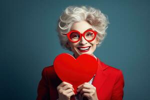 portret van een gelukkig vrouw met rood hart.valentijnsdag dag concept ai gegenereerd foto