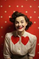 portret van een gelukkig vrouw met rood hart Aan een rood achtergrond.valentijnsdag dag concept ai gegenereerd foto
