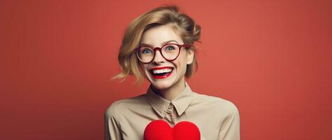 portret van een gelukkig vrouw met rood hart Aan een rood achtergrond.valentijnsdag dag concept ai gegenereerd foto