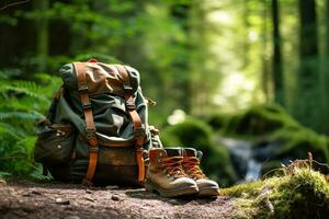 wandelen laarzen en rugzak in de Woud. reizen en avontuur concept ai gegenereerd foto