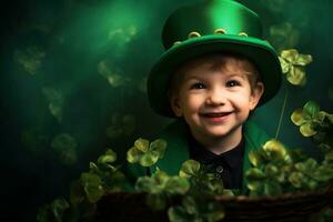 portret van een glimlachen jongen in een elf van Ierse folklore kostuum. st. Patrick dag. ai gegenereerd foto