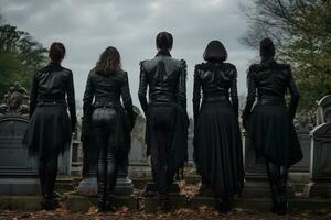 een groep van jong mensen in een begraafplaats op zoek Bij de grafstenen ai gegenereerd foto