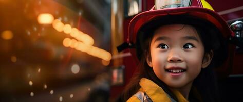 portret van glimlachen Aziatisch weinig meisje vervelend brandweerman uniform staand in brand vrachtwagen. ai gegenereerd foto