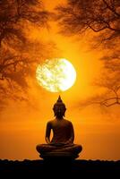 Boeddha standbeeld en zonsondergang in de ochtend- ai gegenereerd foto