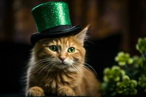 schattig kat vervelend een groen top hoed voor st. Patrick dag. ai gegenereerd foto