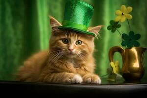 schattig kat vervelend een groen top hoed voor st. Patrick dag. ai gegenereerd foto